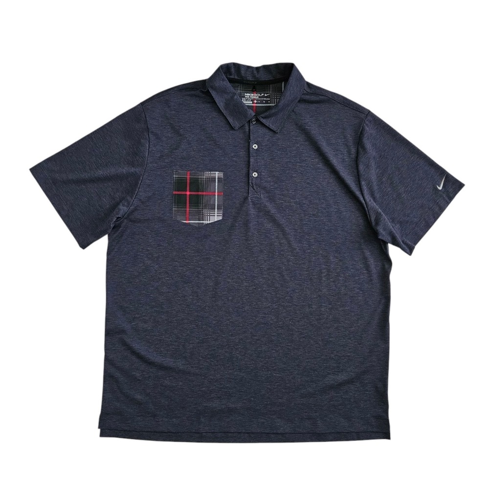 Nike Golf Mens XL Tour Premium Dri Fit Short Sleeve Polo Shirt Plaid Pocket Gray